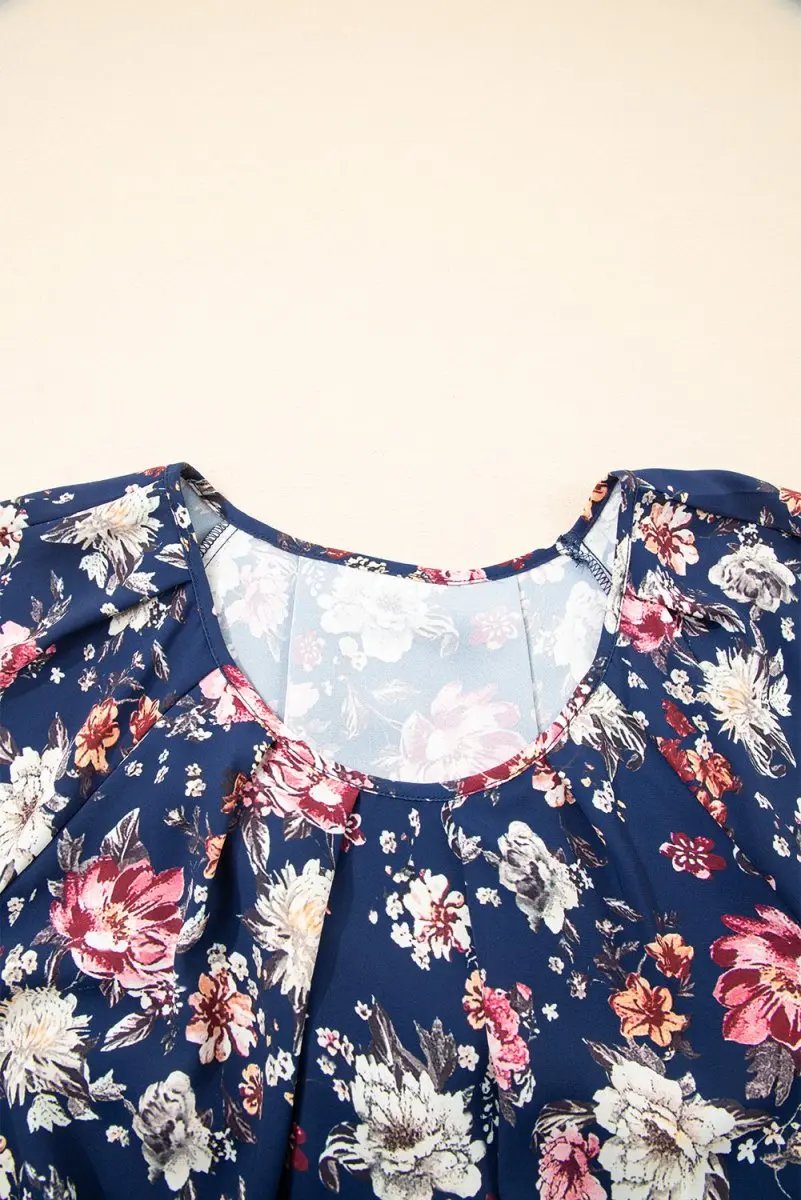 Blue Floral Short Sleeve Scoop Neck Casual Blouse for Women - Love Salve